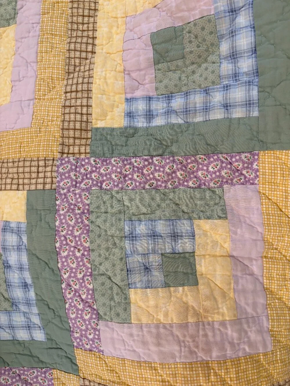 Vintage Log Cabin Quilt | Large Handmade Pastel Patchwork Quilt | 84